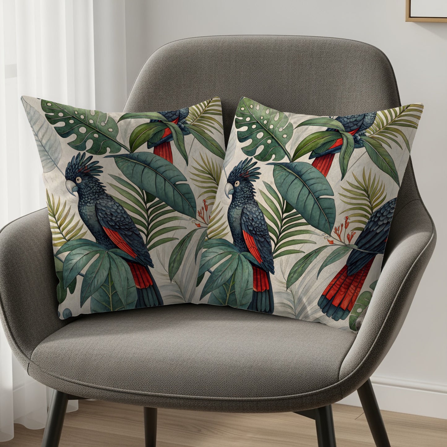 Tropical Parrot and Leaf Design Throw Pillow Set