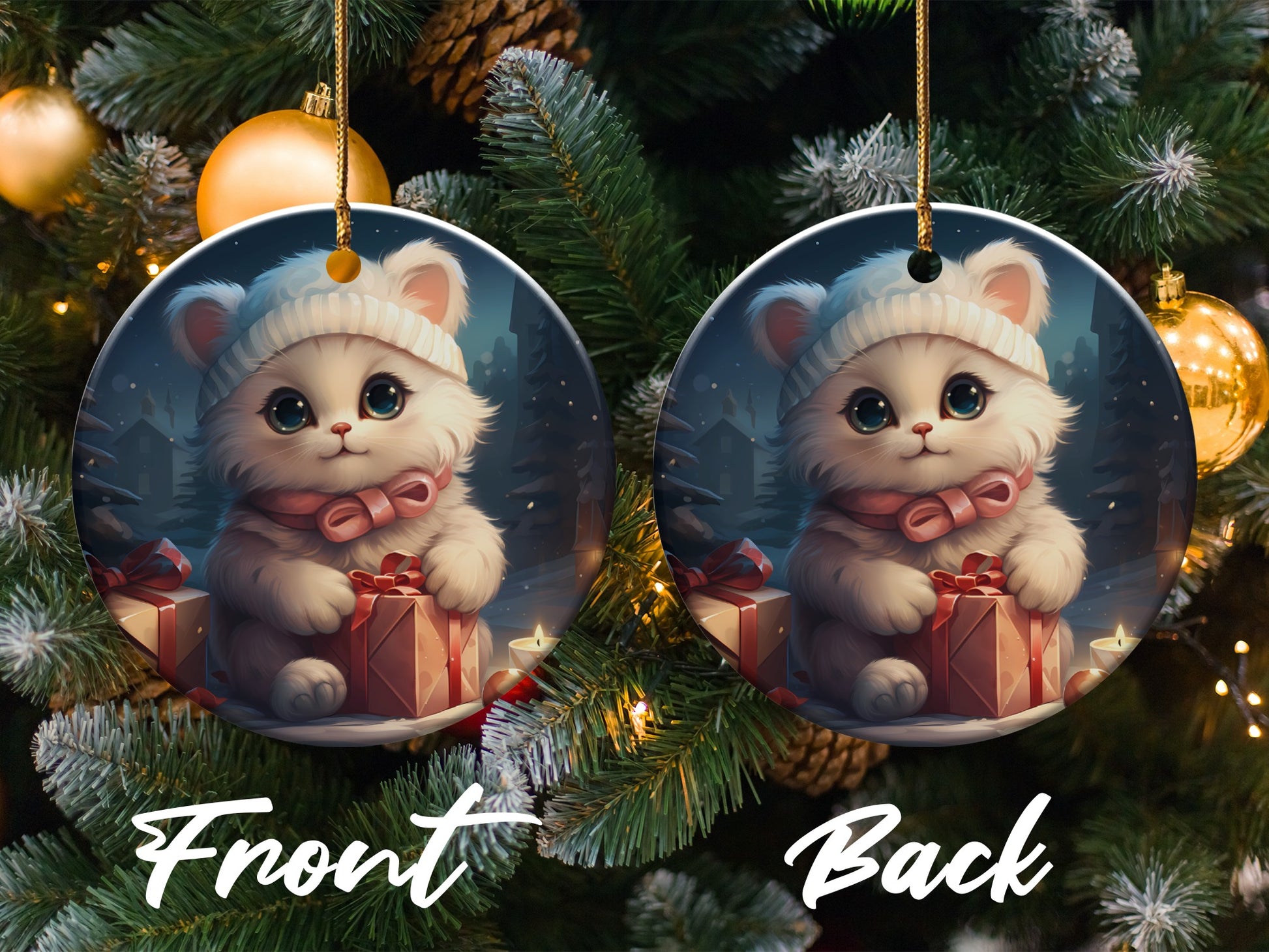 Cute Kitten in Christmas Hat Front Back Ornament product type