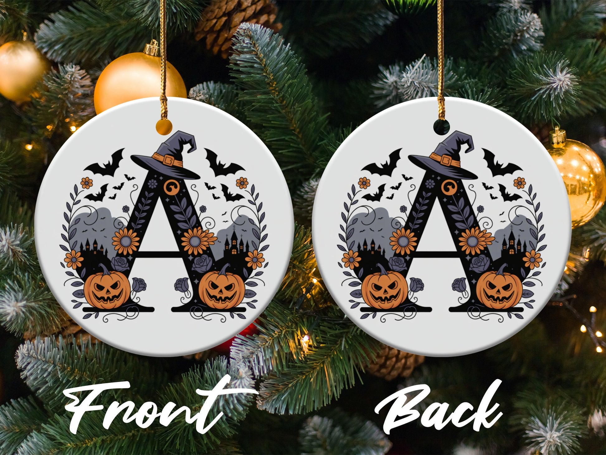 Halloween Themed Witch Hat and Pumpkins Ornament product