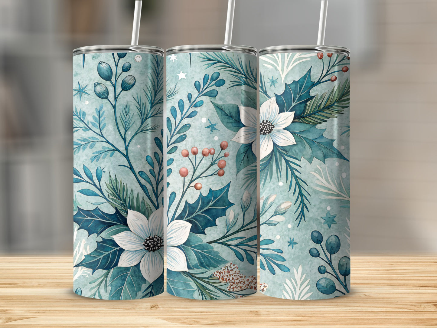Festive Floral Design Insulated Tumbler With Straw
