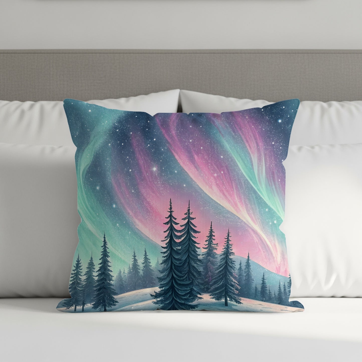 Vibrant Northern Lights and Forest Design Pillow Product