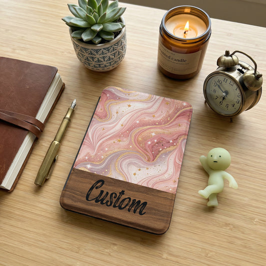Custom Pink Swirl Design with Stars Wooden Notebook