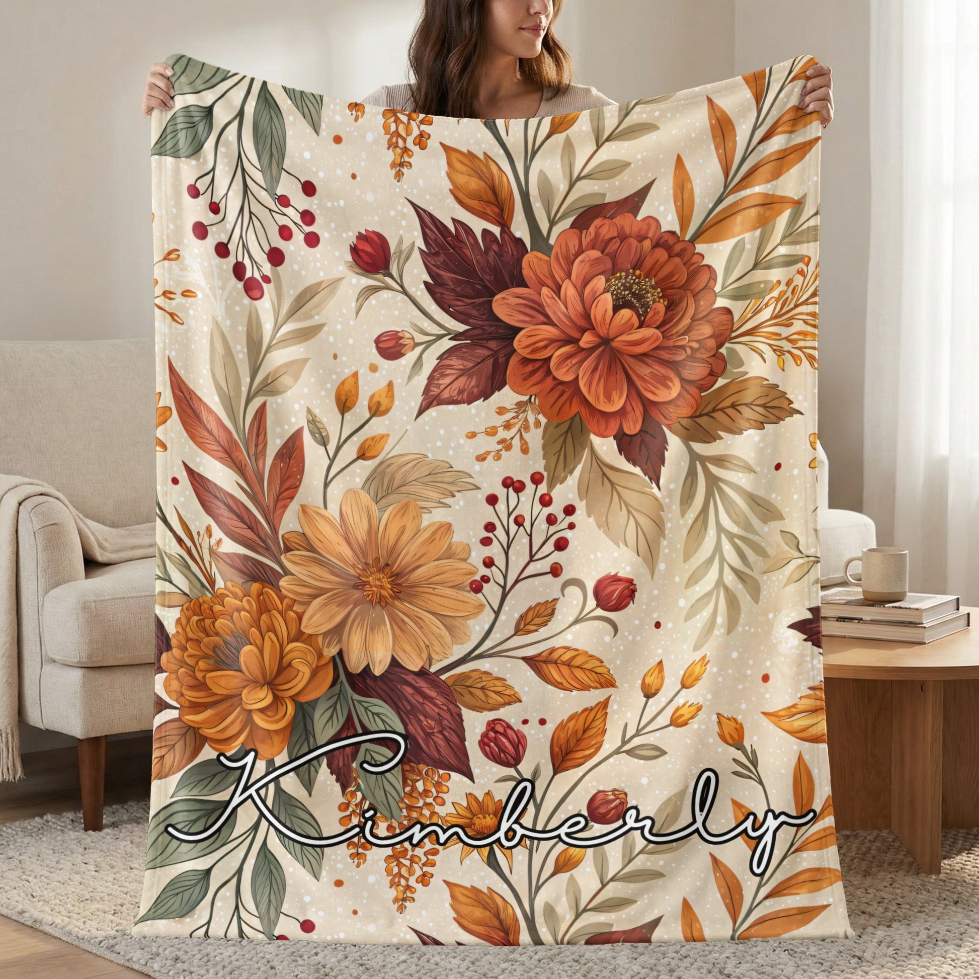 Floral Autumn Personalized Throw Blanket with Name Kimberly