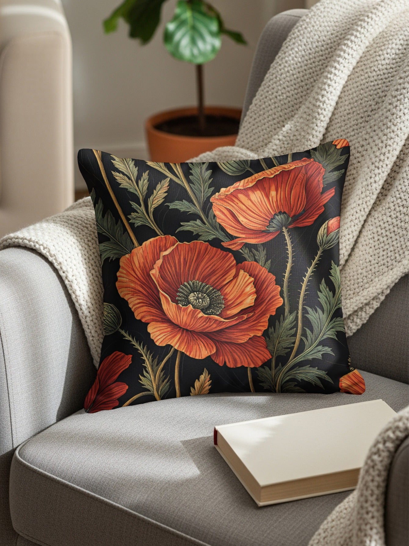 Floral Pattern with Red Poppies on Black Decorative Floral Throw Pillows - Walk Greener