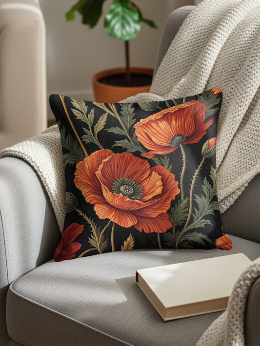 Floral Pattern with Red Poppies on Black Decorative Floral Throw Pillows - Walk Greener