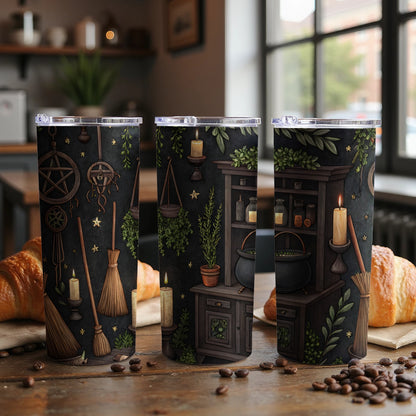 Mystical Witch Room Decor with Brooms and Candles Tumbler - Walk Greener