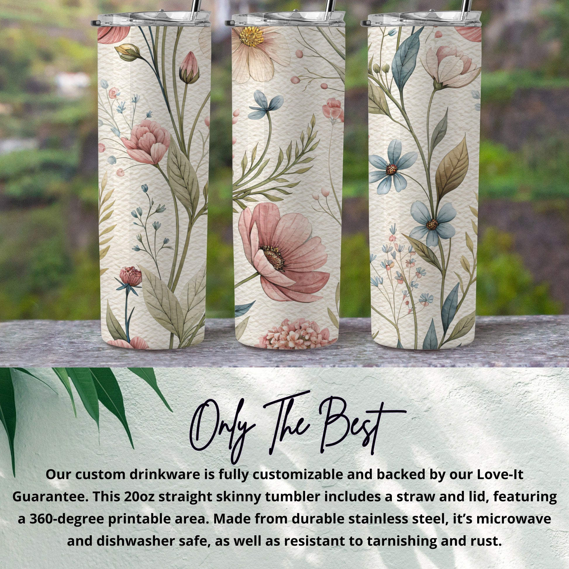 Watercolor Floral Pattern With Pastel Background 20 oz Skinny Tumbler - Walk Greener