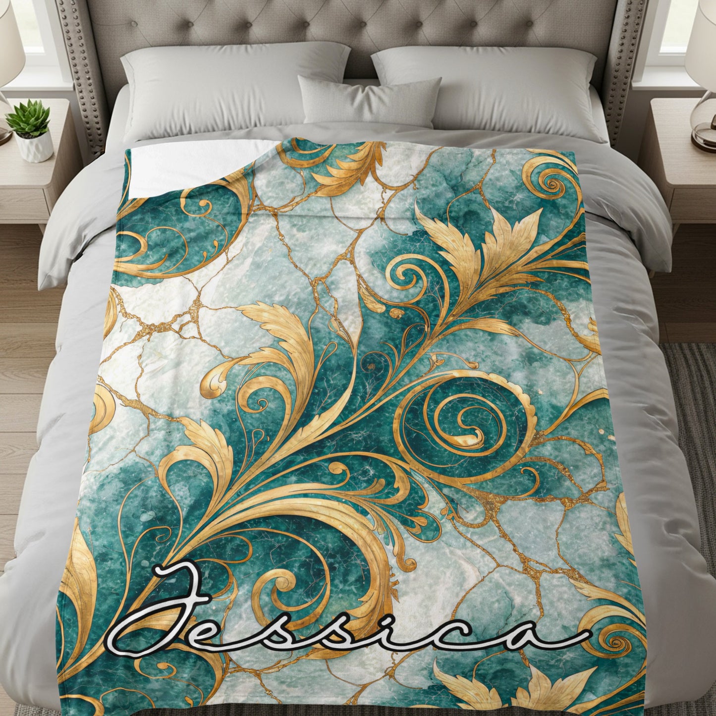 Golden Floral on Blue Custom Name Style Blanket - Walk Greener