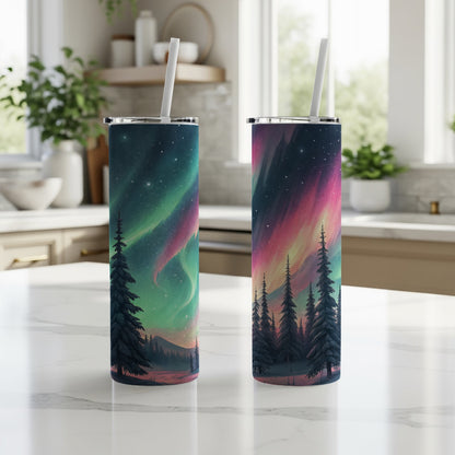 Aurora Borealis Scene with Winter Trees Design Tumbler - Walk Greener