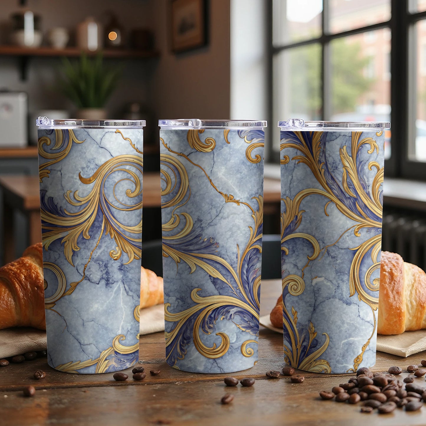 Elegant Blue and Gold Swirl Design Tumblers Product