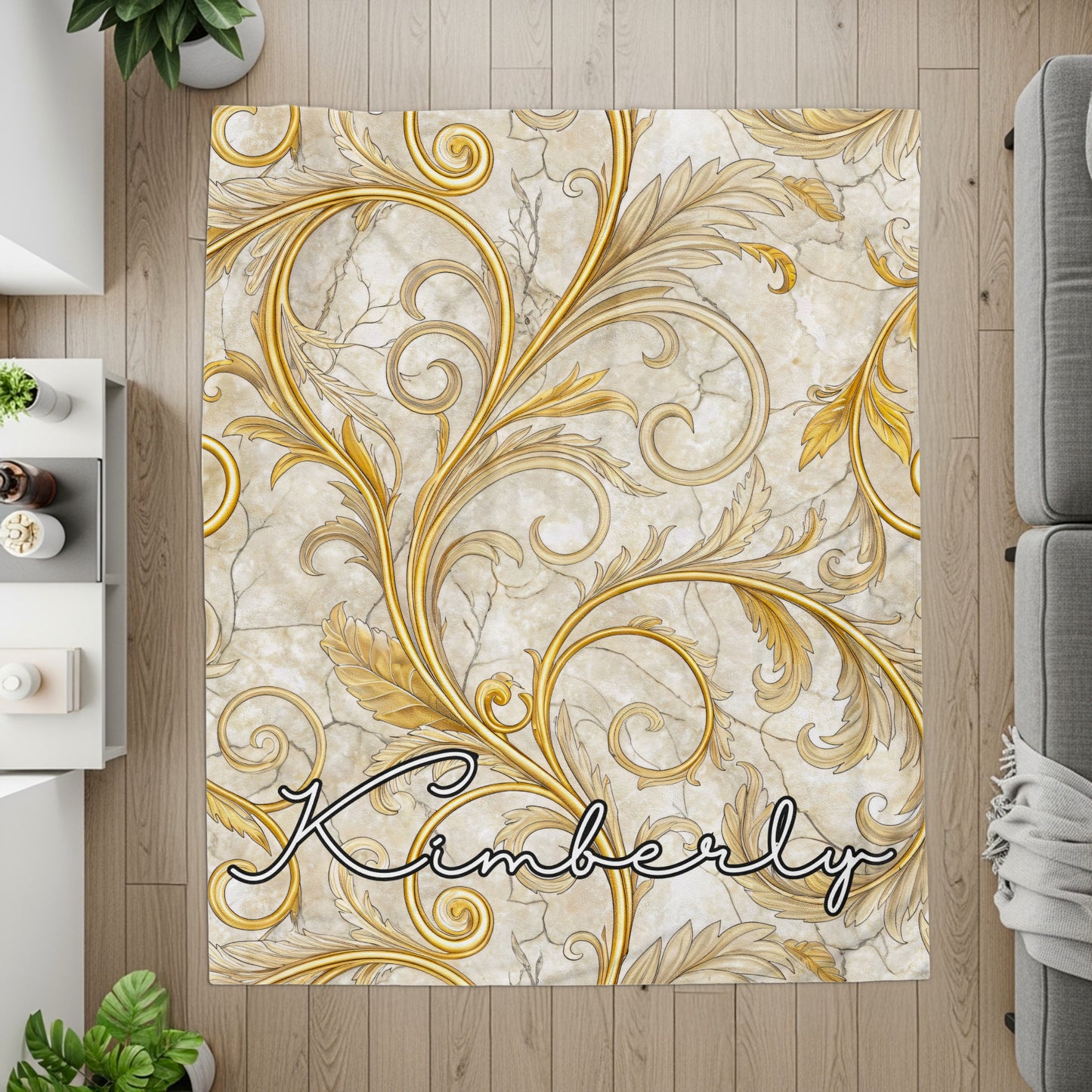 Golden Floral Design With A Custom Name Blankets - Walk Greener