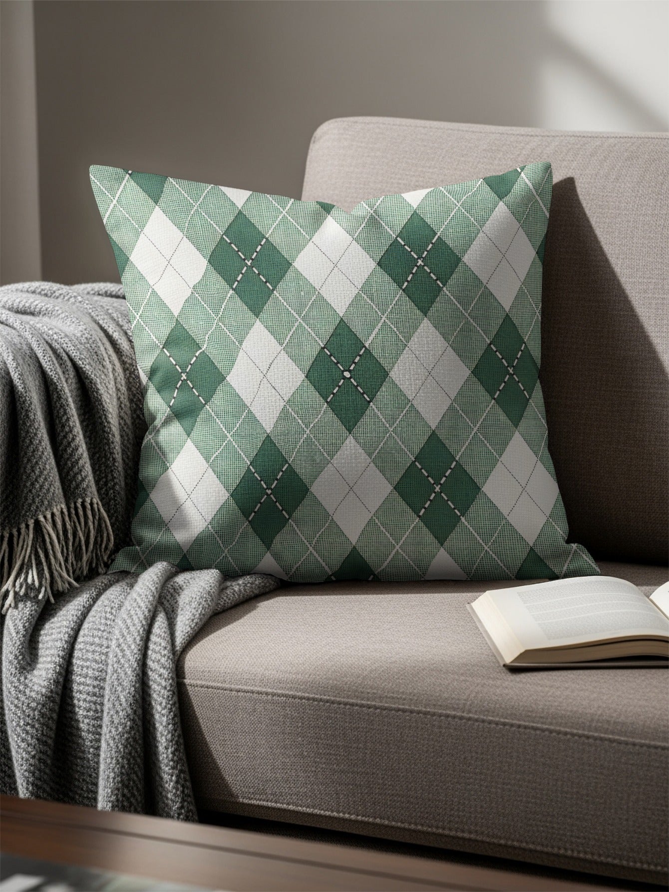 Green Argyle Diamond Pattern Geometric Style Throw Pillows - Walk Greener
