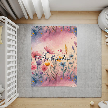 Personalized Floral Design Area Rug Kids Room Decor