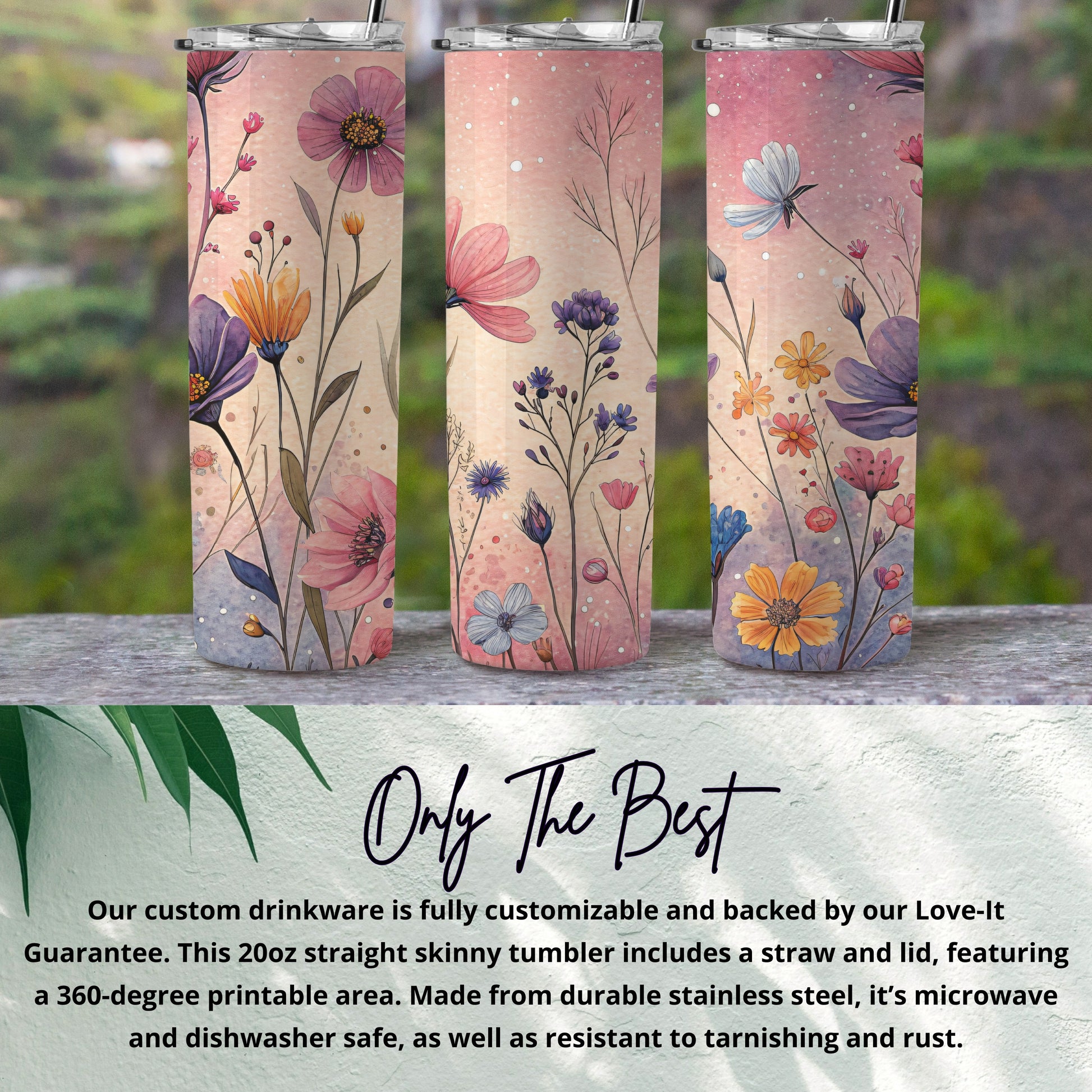 Floral Watercolor on Pink and Beige Background 20 oz Skinny Tumbler - Walk Greener