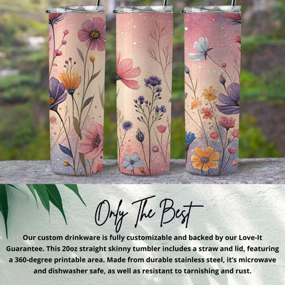 Floral Watercolor on Pink and Beige Background 20 oz Skinny Tumbler - Walk Greener