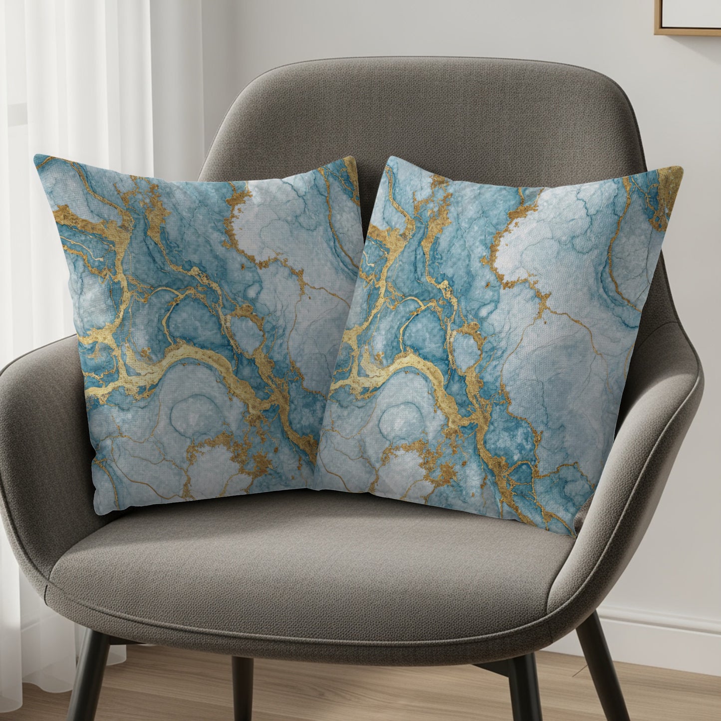 Abstract Gold Veins In Blue Art Decorative Floral Throw Pillows - Walk Greener