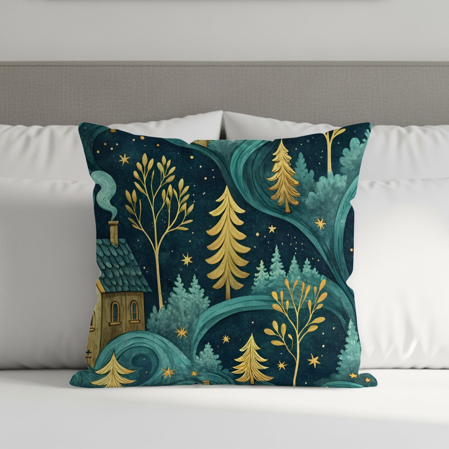 Night Sky Homes And Golden Trees Pattern Throw Pillows - Walk Greener