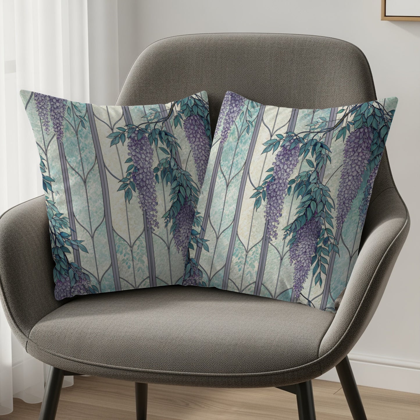 Wisteria Flowers Over Stained Glass Panels Pattern Throw Pillows - Walk Greener