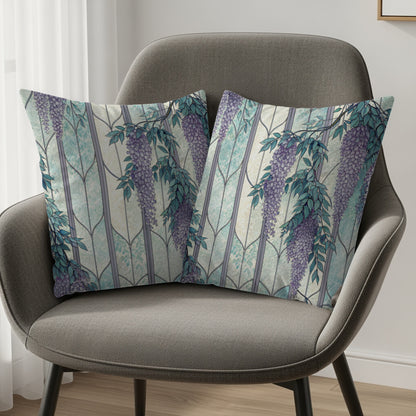 Wisteria Flowers Over Stained Glass Panels Pattern Throw Pillows - Walk Greener