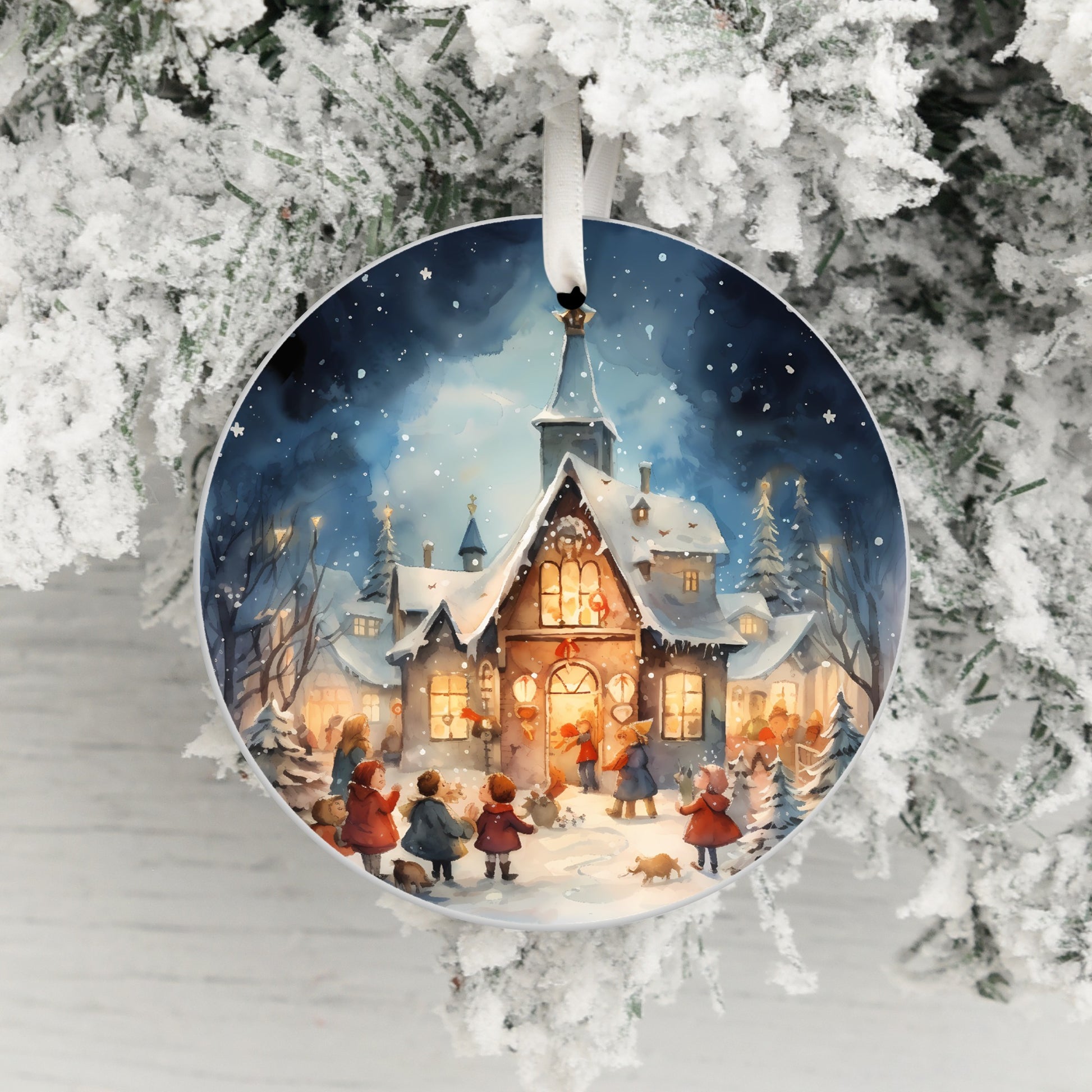 Festive House and Carolers Scene Christmas Ornament product