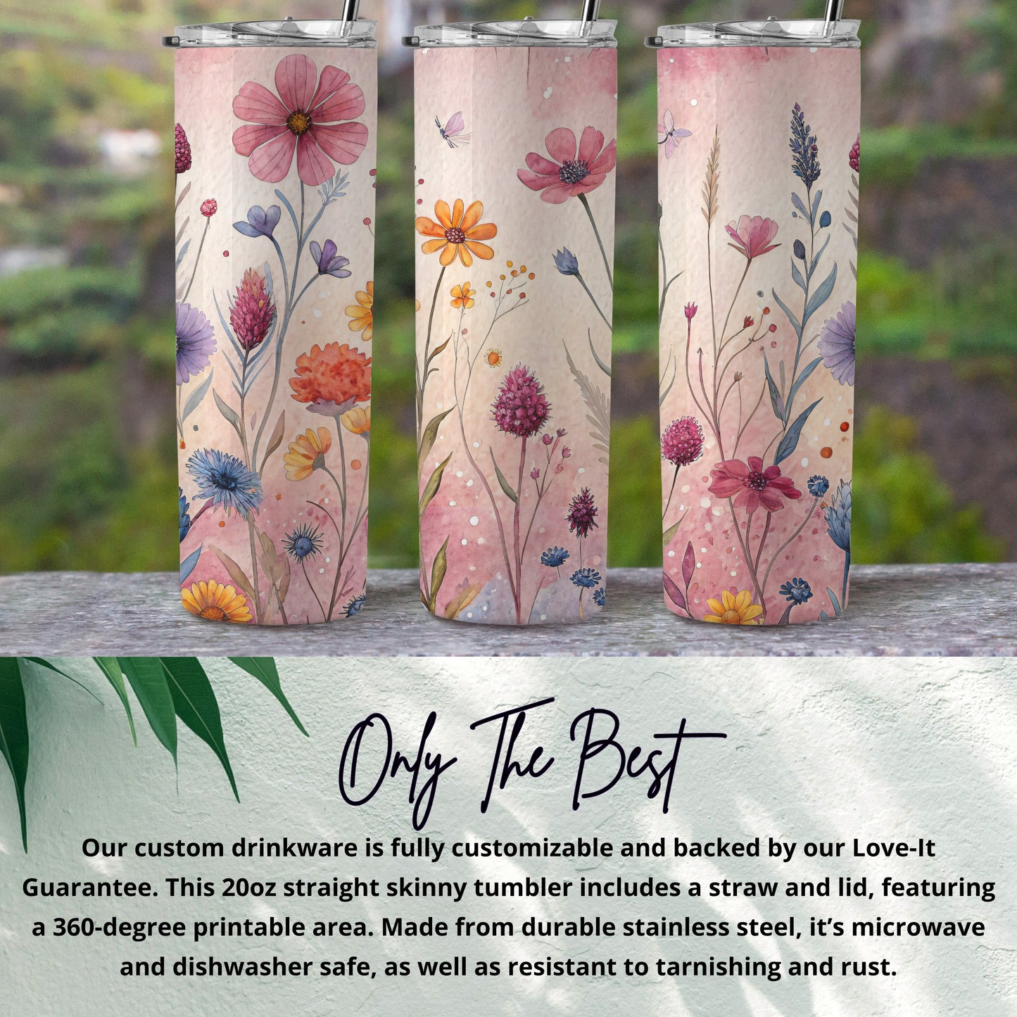 Watercolor Meadow Flowers and Butterflies 20 oz Skinny Tumbler - Walk Greener