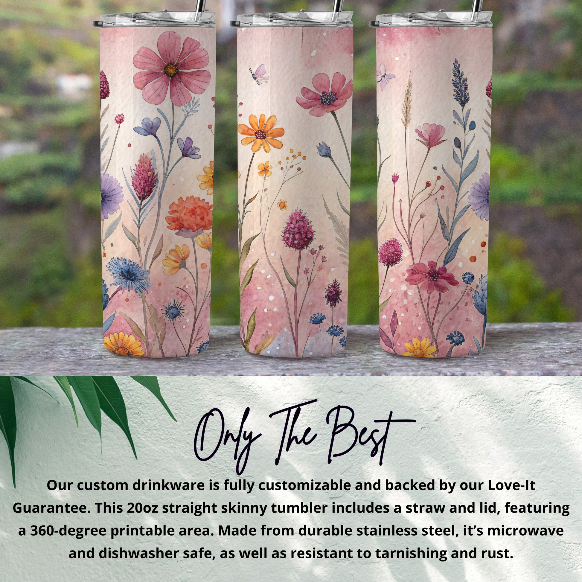 Watercolor Meadow Flowers and Butterflies 20 oz Skinny Tumbler - Walk Greener