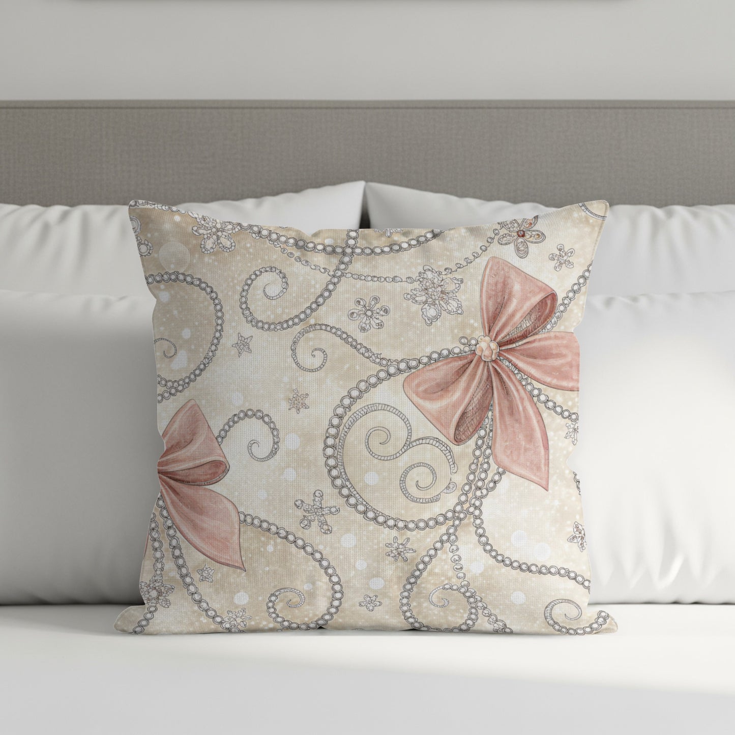 Bows and Pearls on Beige Patterned Background Pillows & Pillow Cases - Walk Greener