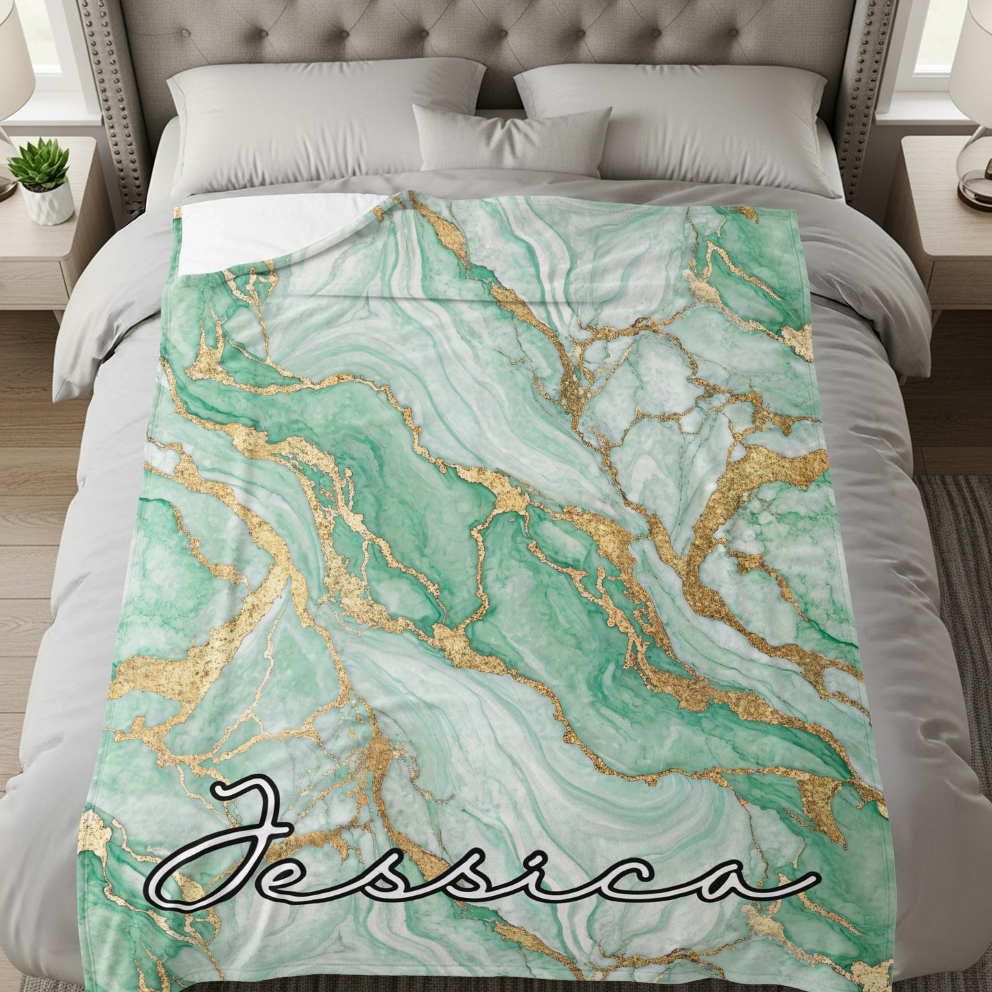 Personalized Green Marble Design Jessica Blanket