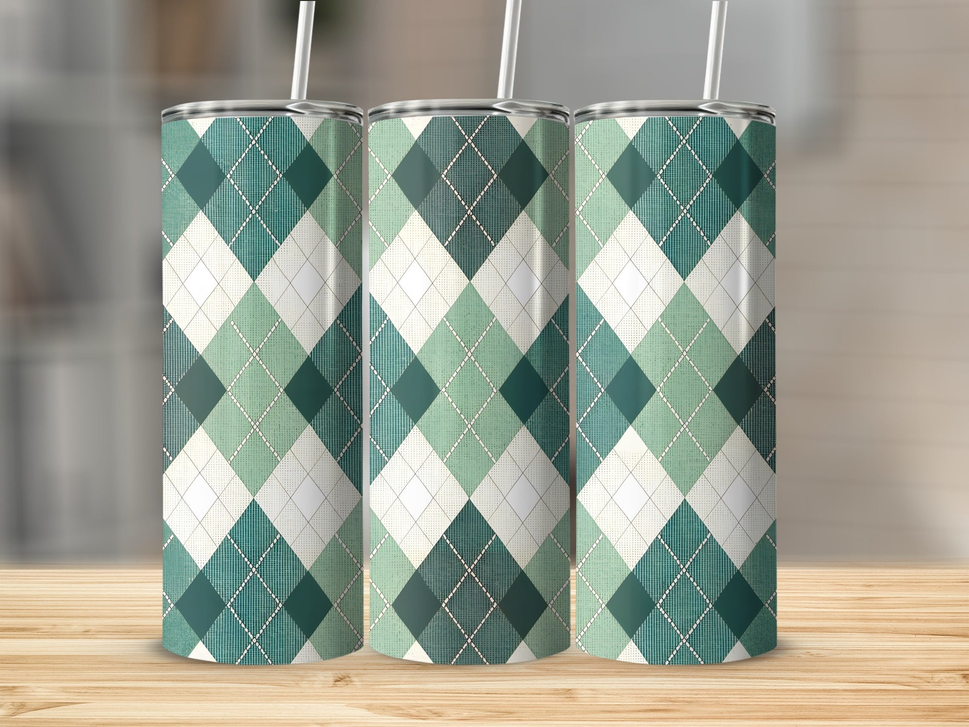 Green and White Argyle Pattern Tumbler Cup Product