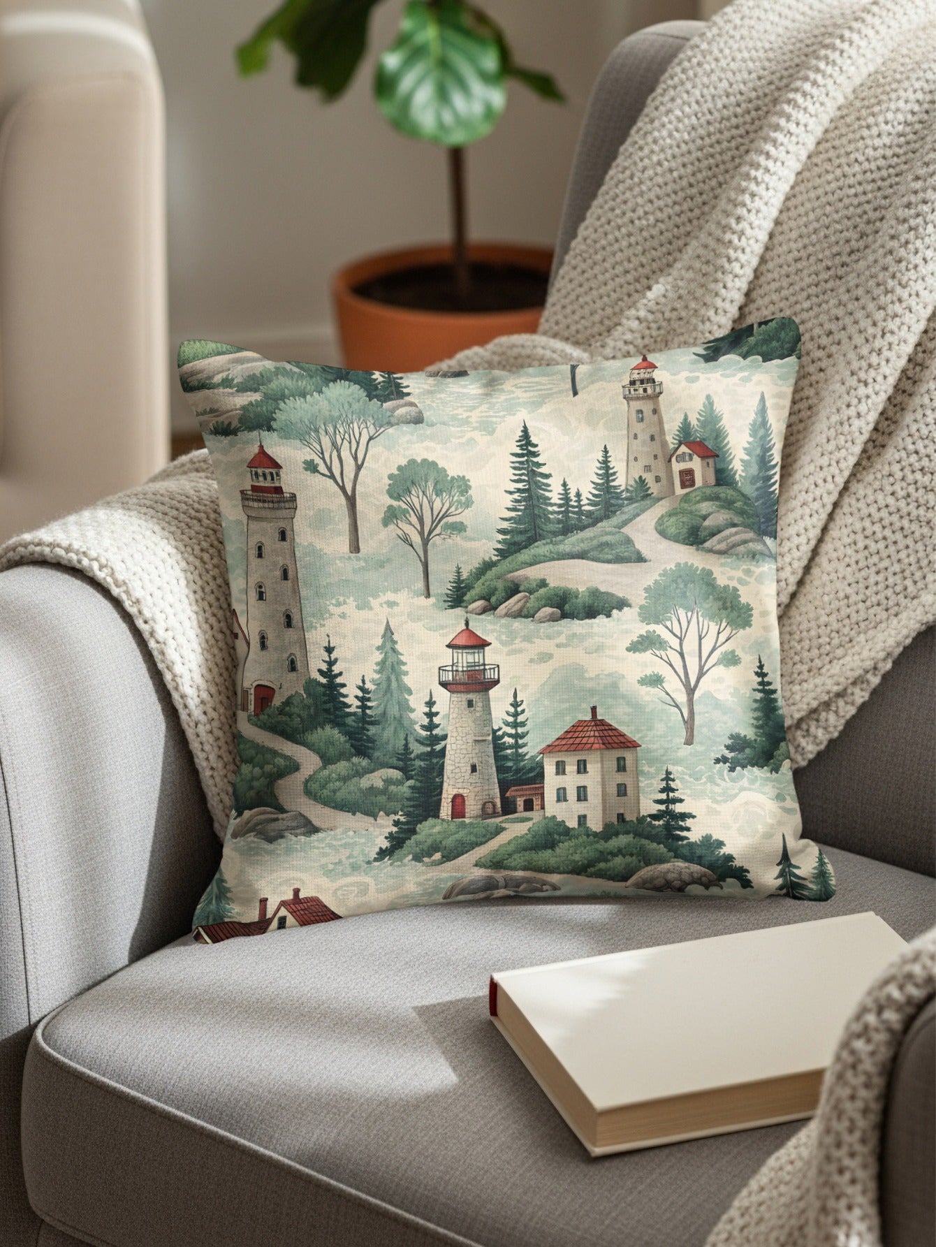 Coastal Lighthouse and Forest Scene Throw Pillow