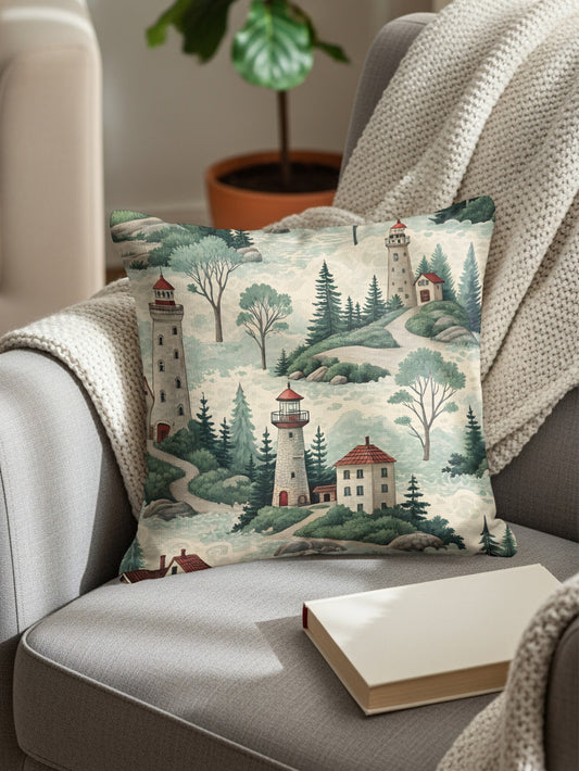 Coastal Lighthouse and Forest Scene Throw Pillow