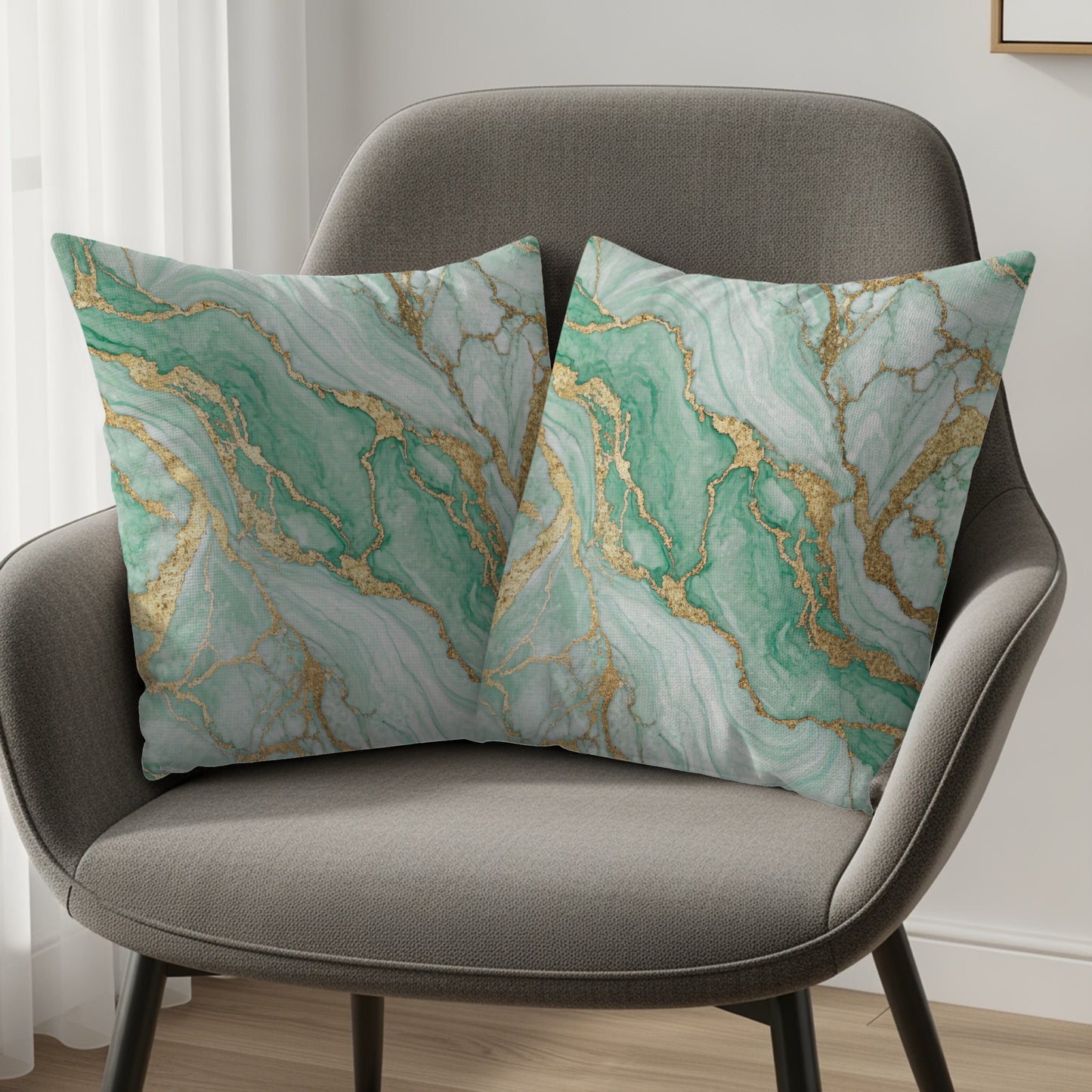 Green Marble Patterned Throw Pillow Set for Home Decor