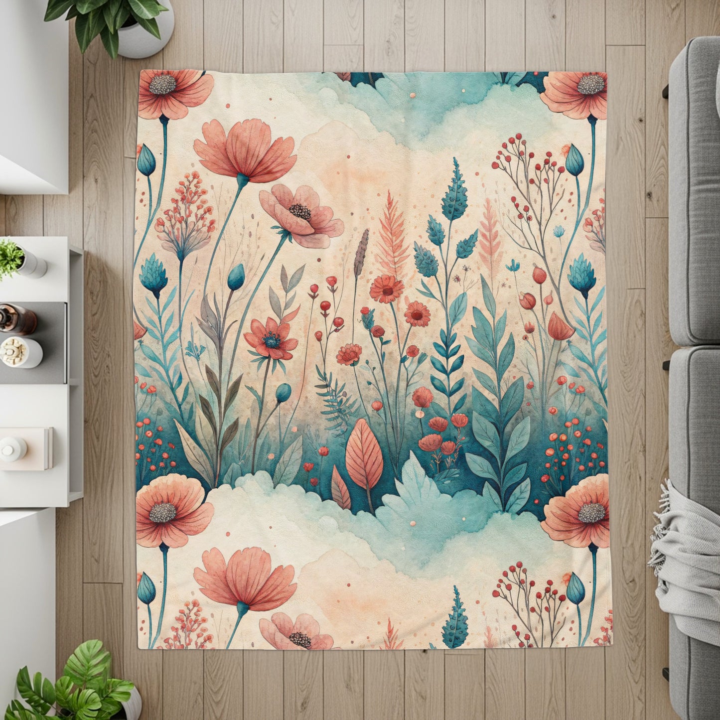 Watercolor Floral Meadow Peach Blossoms and Blue Sprigs - Walk Greener