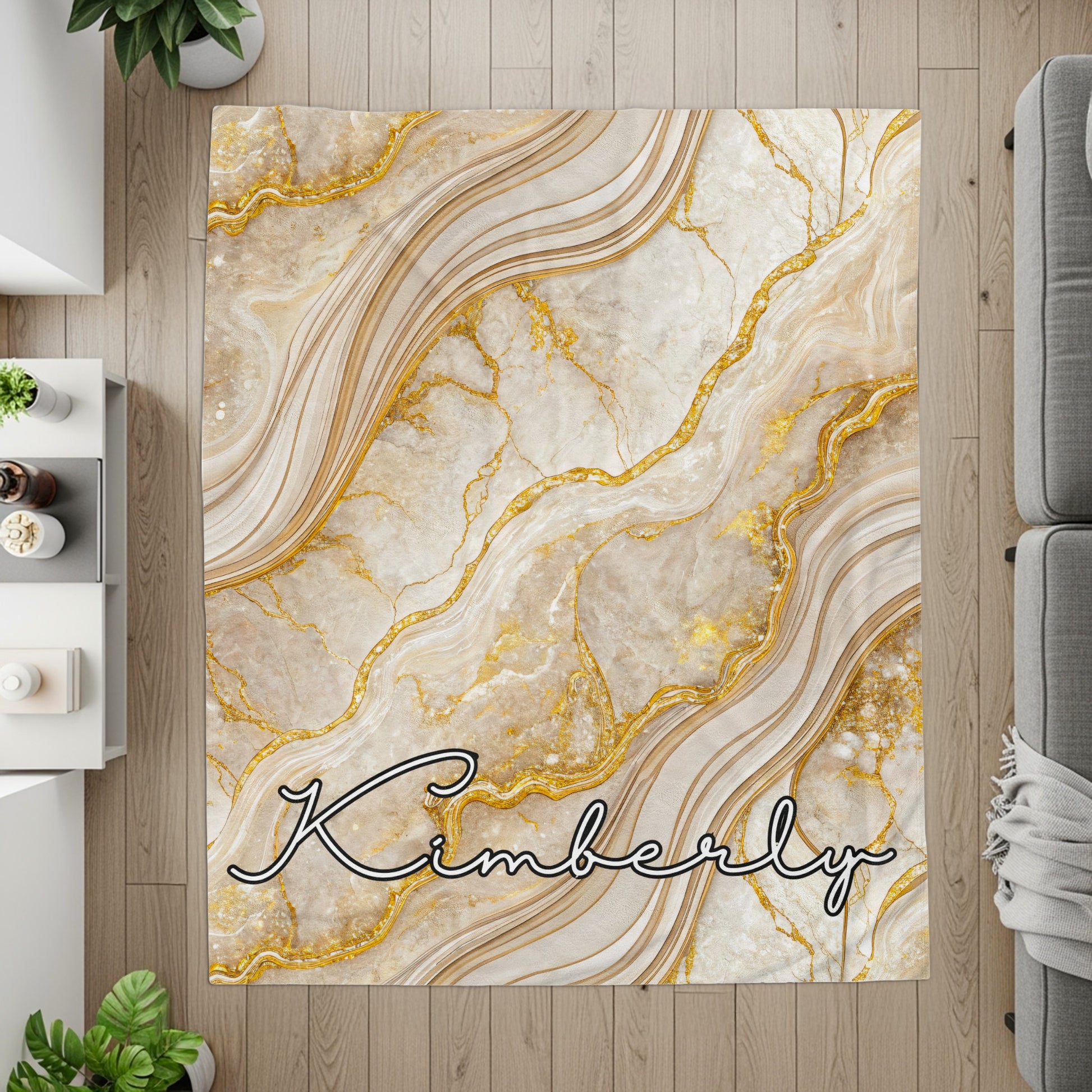 Elegant Gold Veined Marble Background Custom Name Blanket - Walk Greener