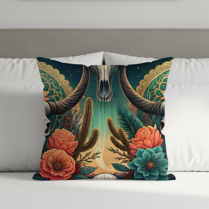 Colorful Bull Skull and Floral Art Pillow Cover