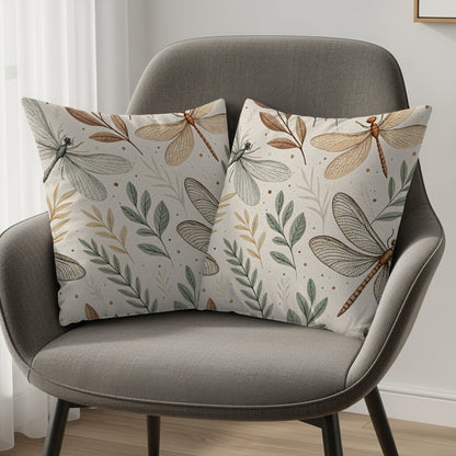 Close-up of the dragonfly and leaf botanical illustration print detail on the throw pillow fabric