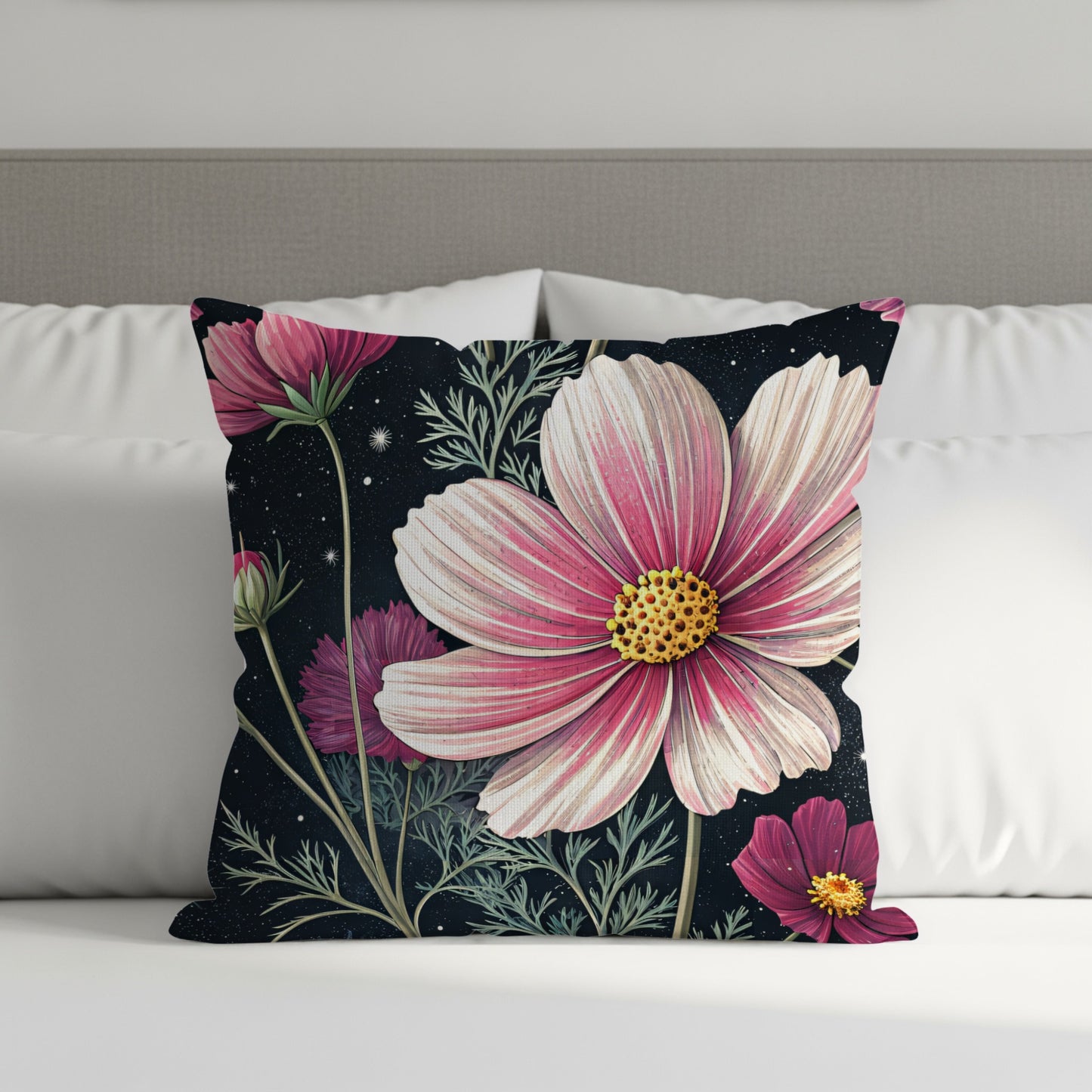 Cosmos Floral Pattern Pink White on Dark Backdrop Decorative Floral Throw Pillows - Walk Greener
