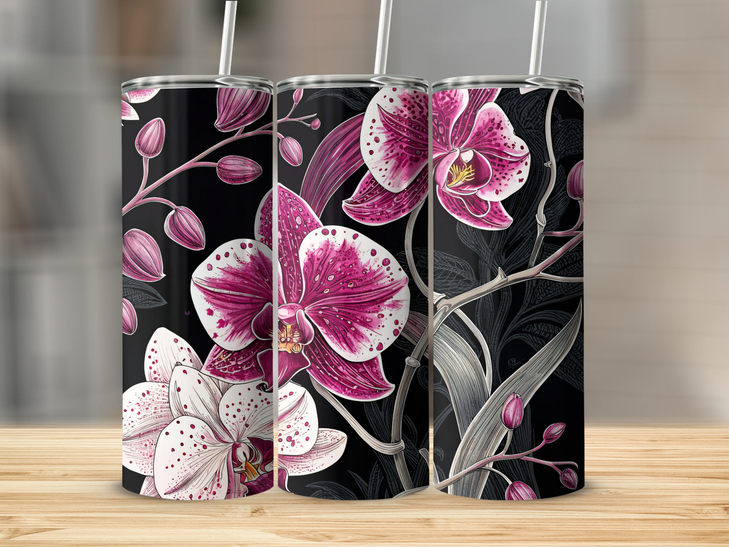 Elegant Pink Floral Orchid Design on Black Tumbler