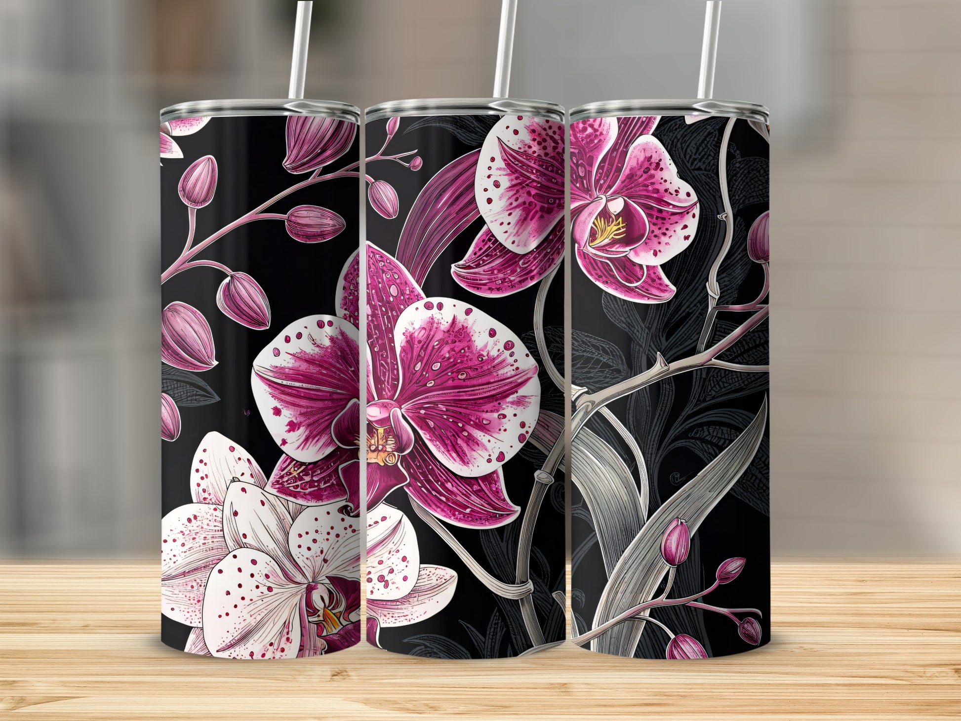 Elegant Pink Floral Orchid Design on Black Tumbler