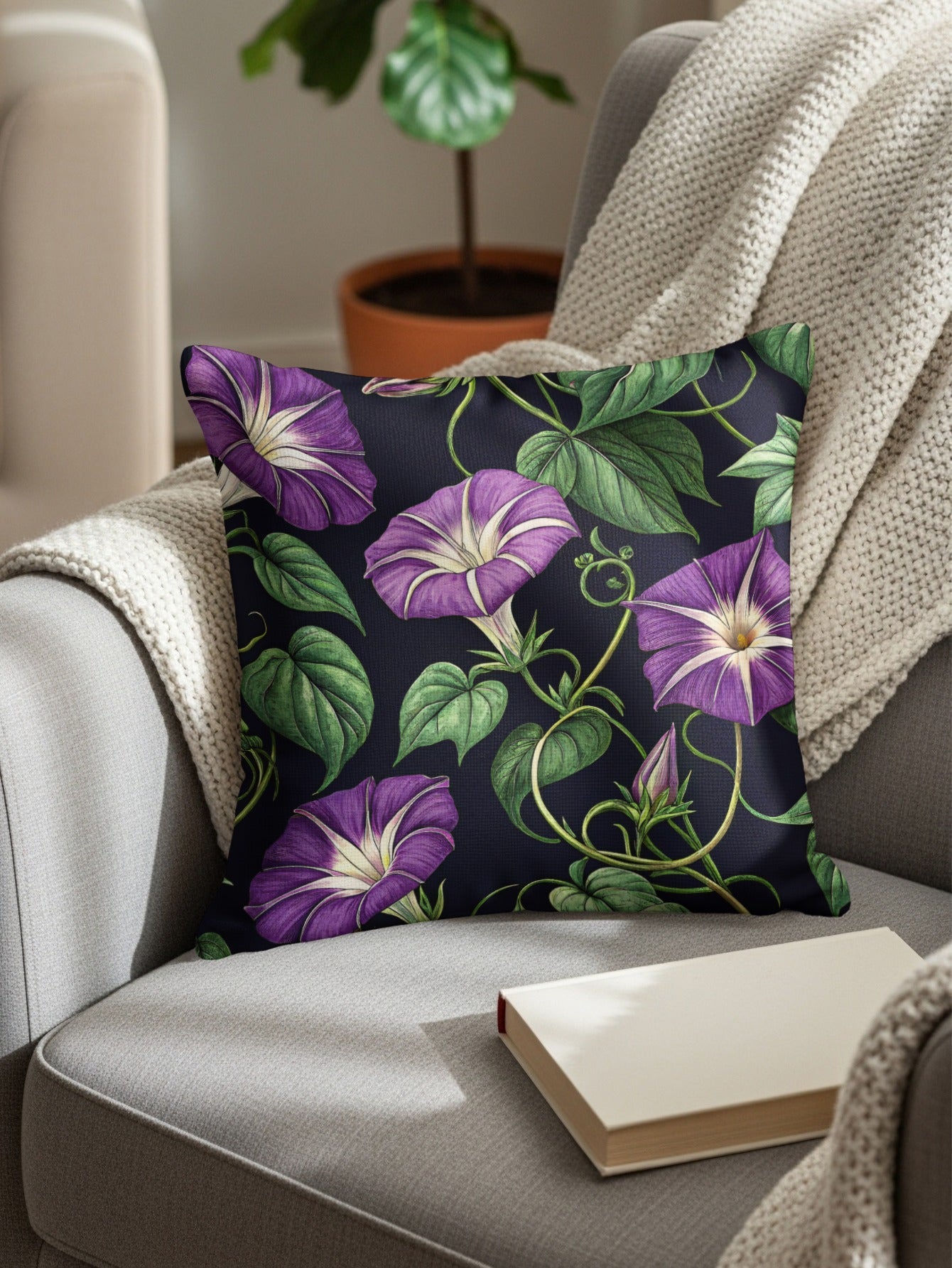 Botanical Purple Morning Glory Throw Pillow