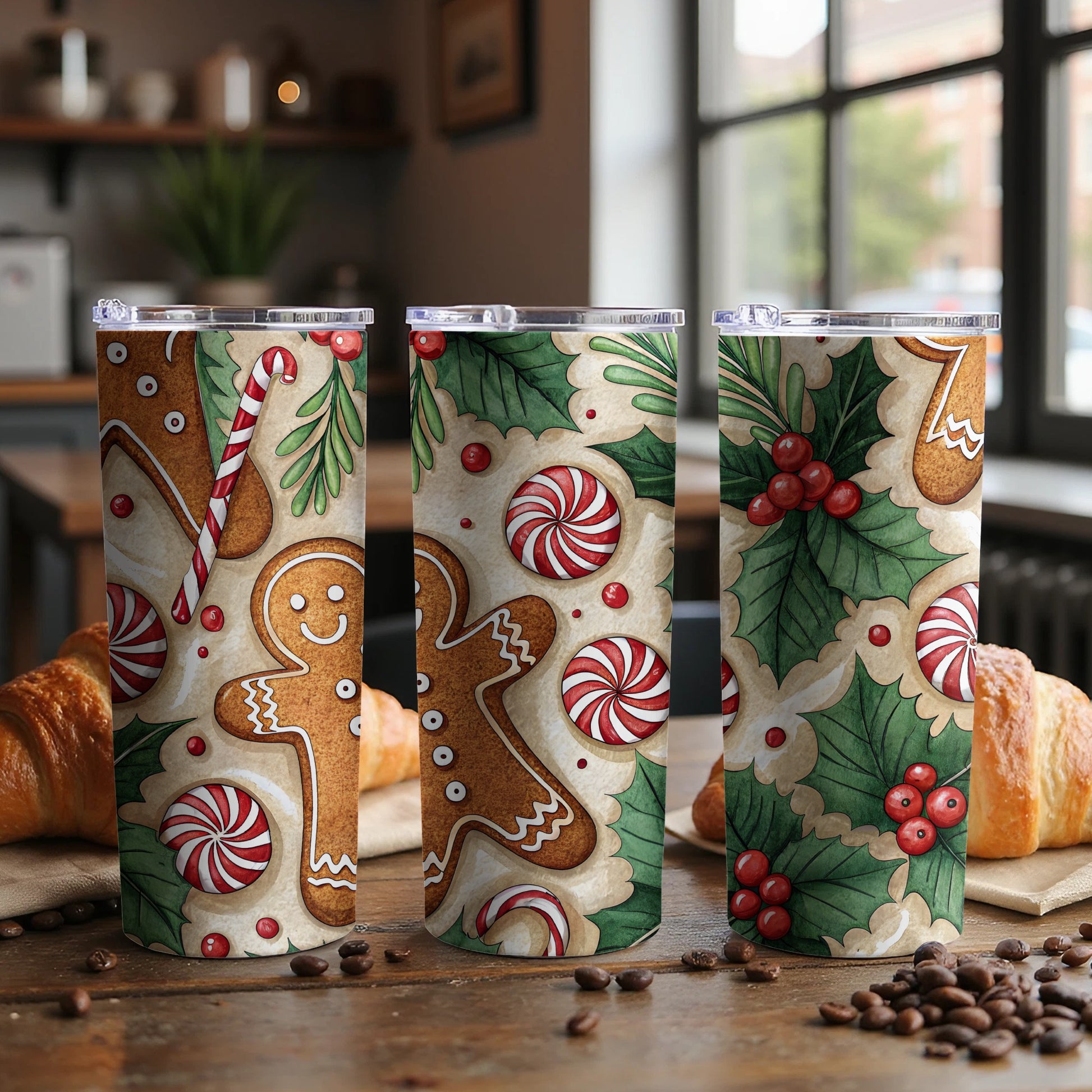 Festive Gingerbread and Peppermint Print Travel Mug