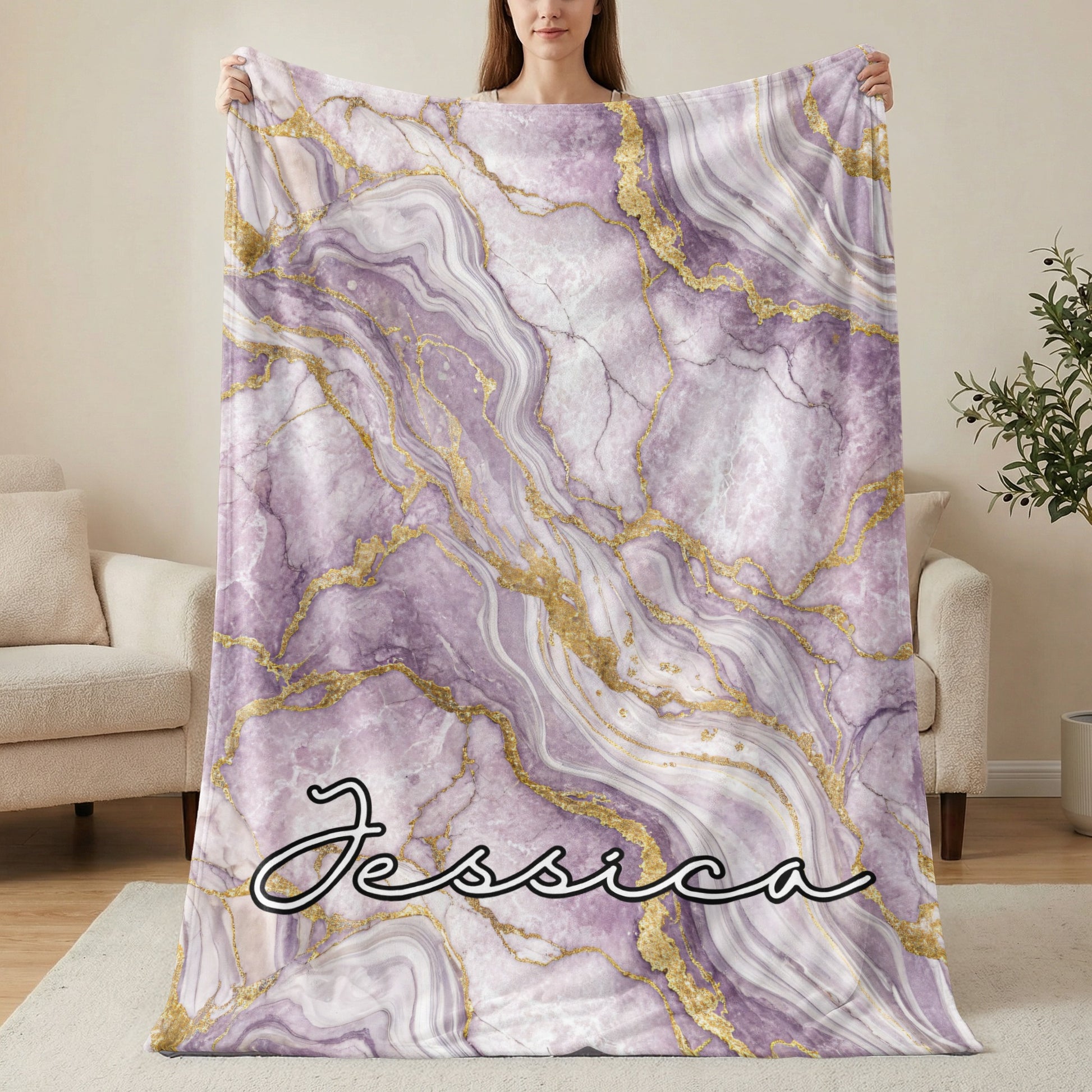 Personalized Purple and Gold Marble Name Blanket