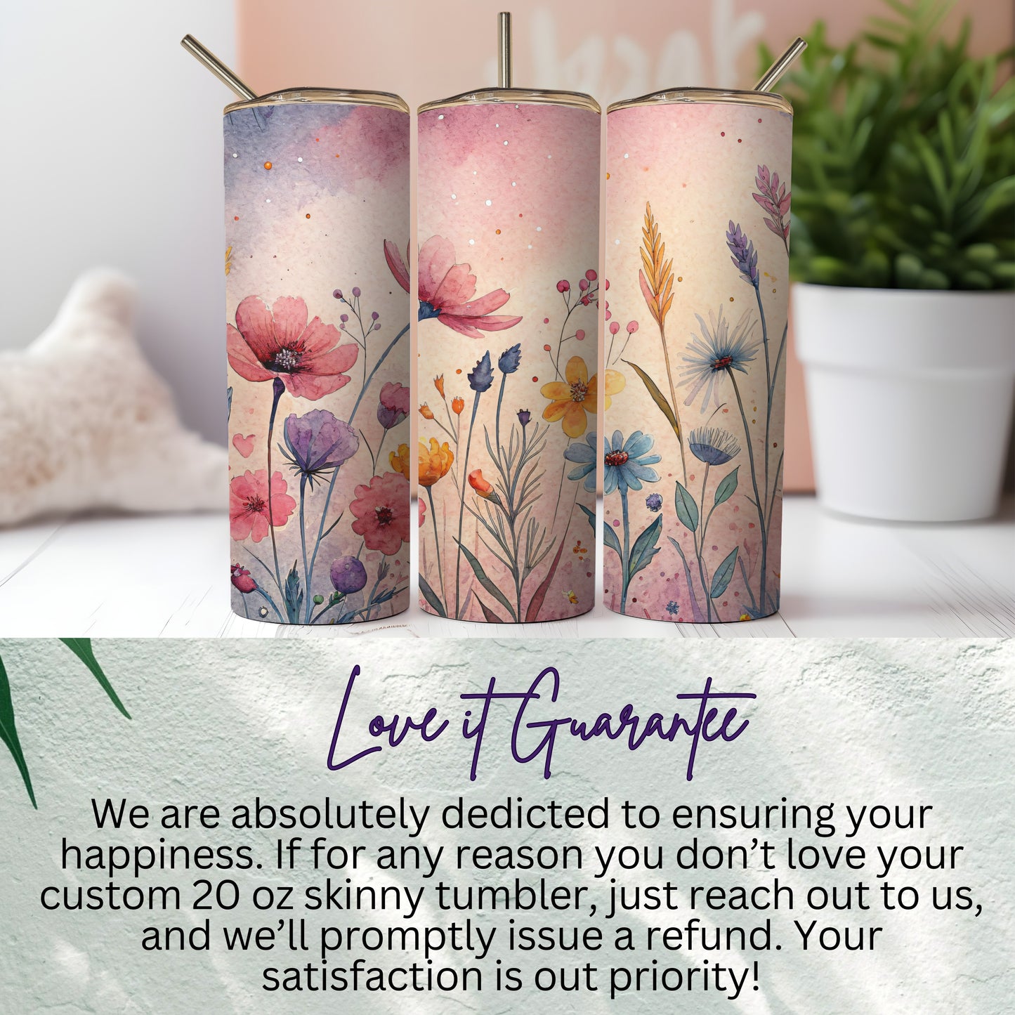Watercolor Floral Field On Light Pink 20 oz Skinny Tumbler - Walk Greener