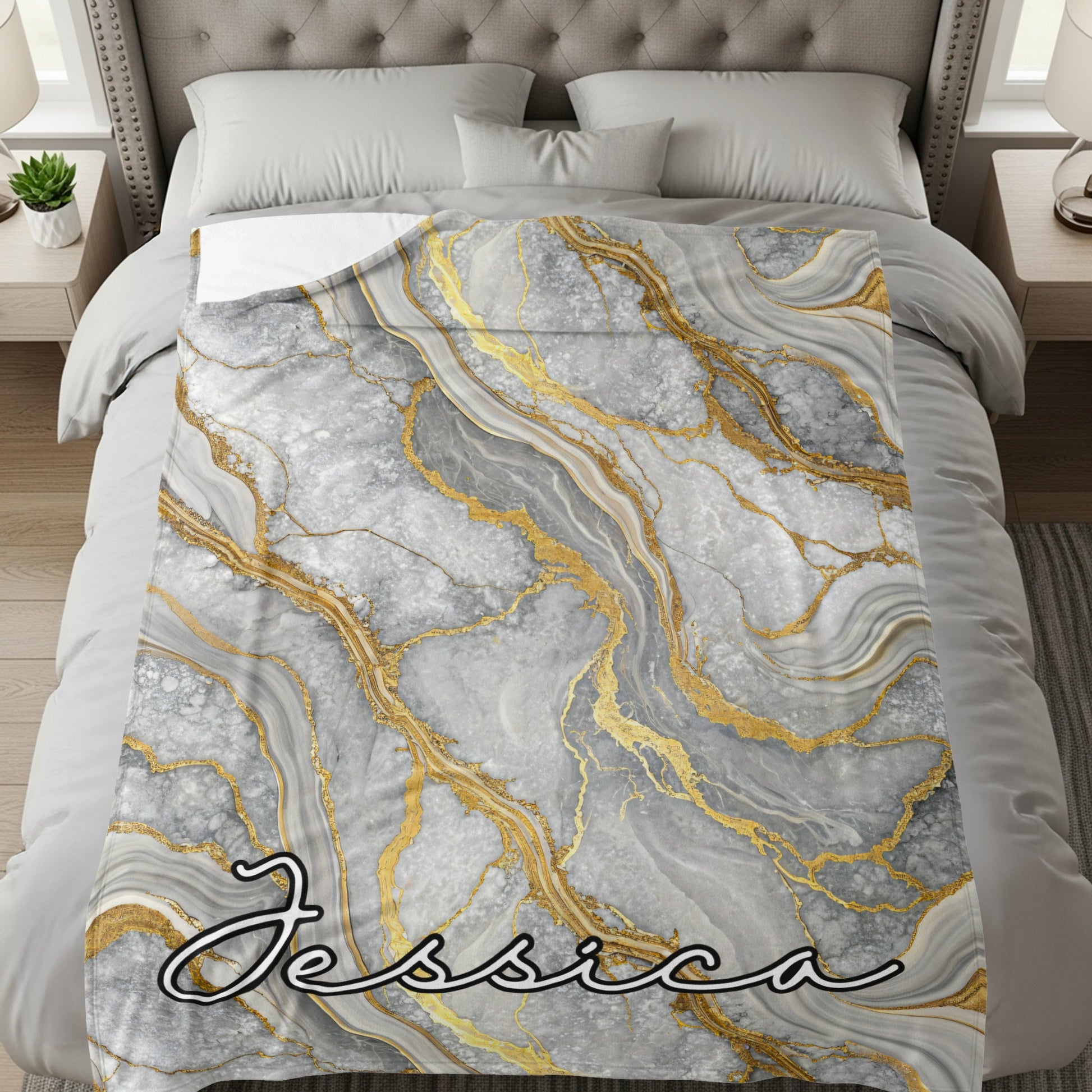 Elegant Marbled Gray and Gold Personalized Blanket