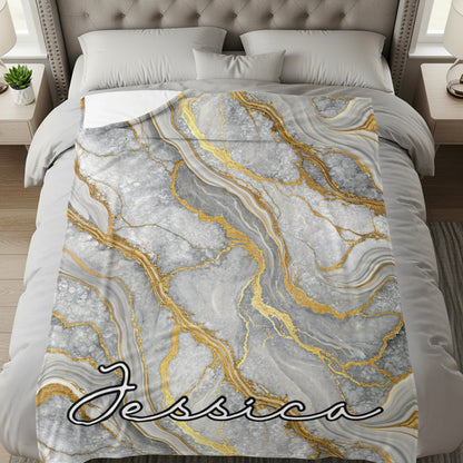 Elegant Marbled Gray and Gold Personalized Blanket