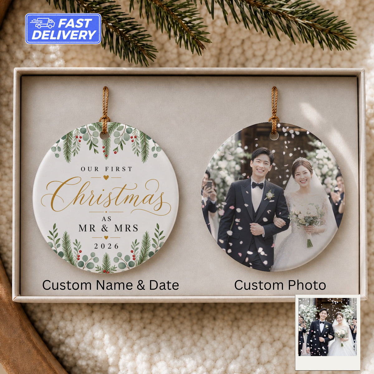 Customizable Christmas ornament with "Our First Christmas as Mr & Mrs 2026" and a wedding photo.