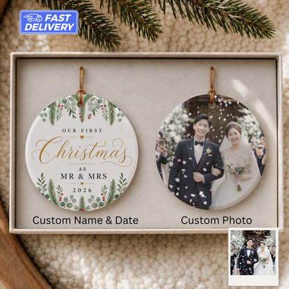 Customizable Christmas ornament with "Our First Christmas as Mr & Mrs 2026" and a wedding photo.