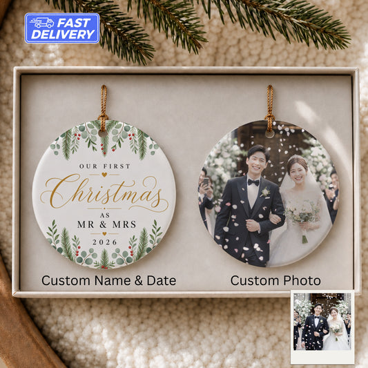 Customizable Christmas ornament with "Our First Christmas as Mr & Mrs 2026" and a wedding photo.
