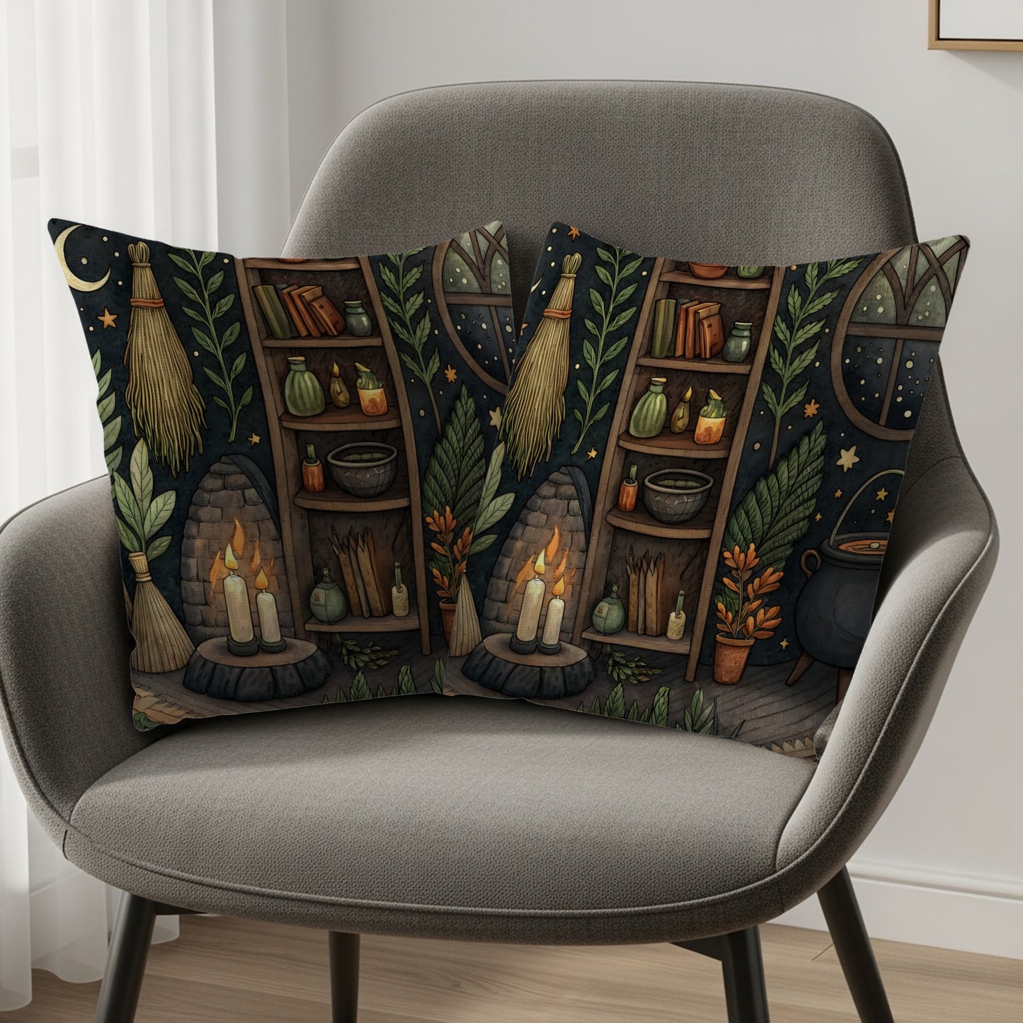 Cozy Witch Cottage with Cauldron and Candle Throw Pillows - Walk Greener