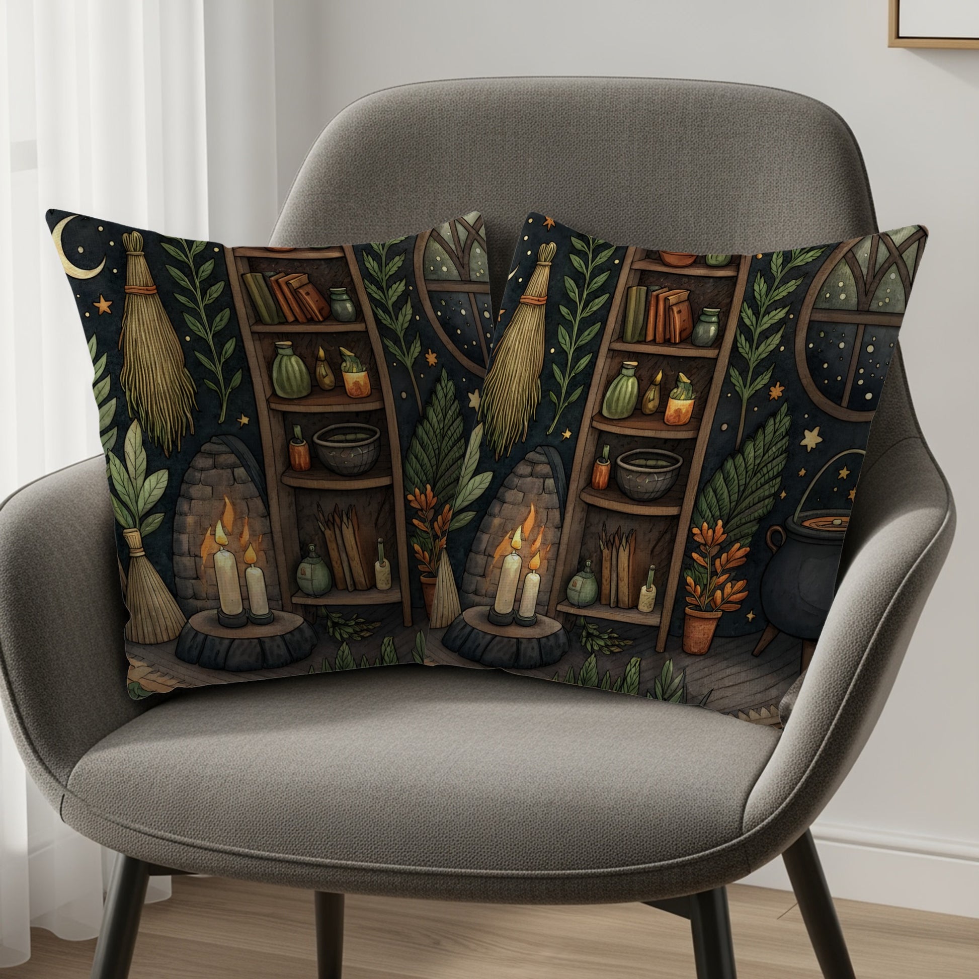 Cozy Witch Cottage with Cauldron and Candle Throw Pillows - Walk Greener